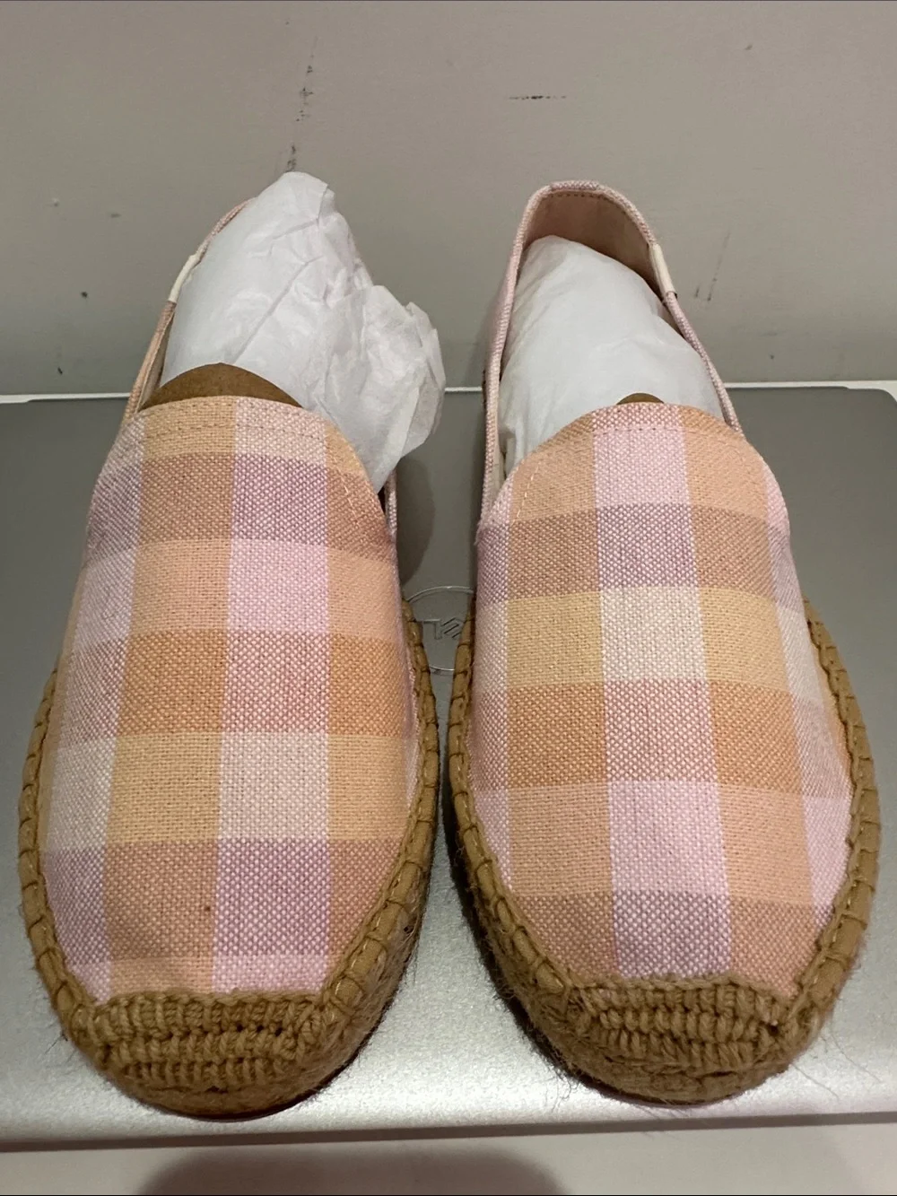 Soludos Pink and Tan Plaid Espadrille Slip-On Flats